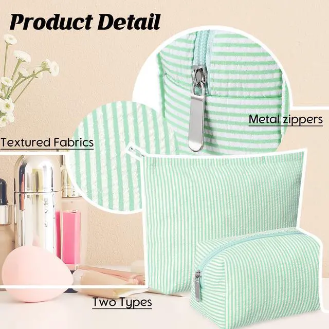 Alt view image 4 of 7 - 2 Pcs Makeup Bag Set Cute Cosmetic Pouch for Women Seersucker Travel Toiletry Bag Preppy Small Makeup Purse Pouch Aesthetic Skincare Brushes Storage Organizer for Valentine Women(Green)
