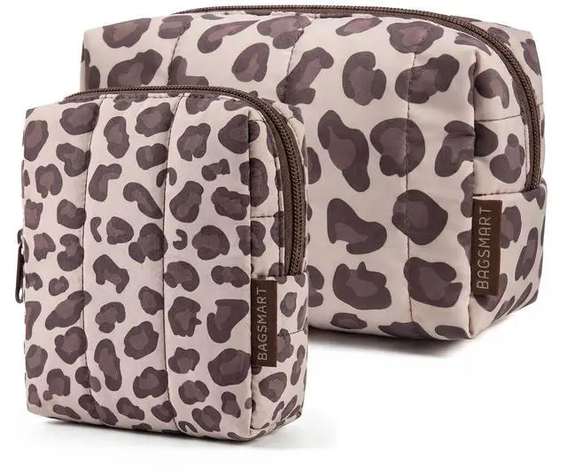 Main image of Makeup Bag Duo Set, Puffy Padded Travel Cosmetic Organizer with Slip-in Pockets, Large Toiletry Bag & Small Purse Pouch, Travel Essentials for Women, Leopard