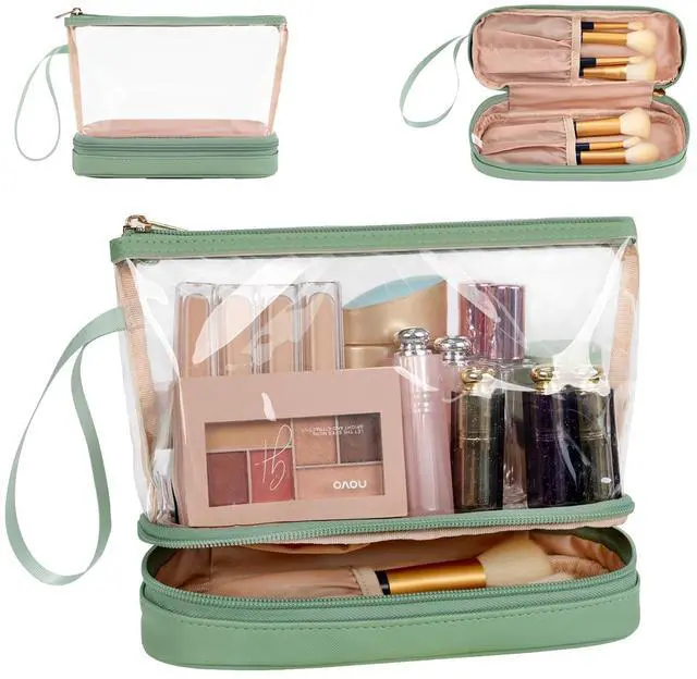 Main image of Clear Makeup Bag, Green TSA Approved Toiletry Bag with Brushes Compartment Small Travel Make up Bags for Women