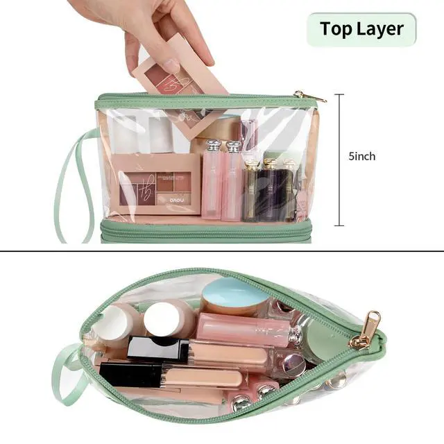 Alt view image 4 of 7 - Clear Makeup Bag, Green TSA Approved Toiletry Bag with Brushes Compartment Small Travel Make up Bags for Women