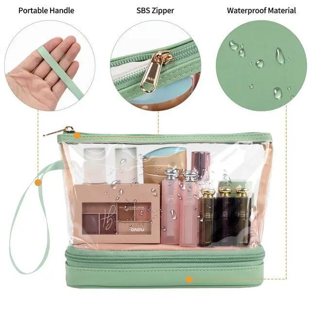Alt view image 6 of 7 - Clear Makeup Bag, Green TSA Approved Toiletry Bag with Brushes Compartment Small Travel Make up Bags for Women