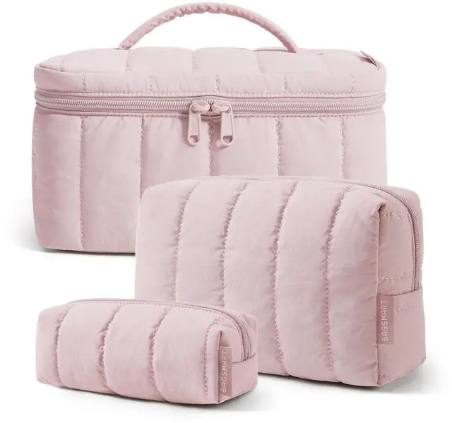 Main image of Travel Makeup Bag for Women, 3 Pcs Puffy Padded Cosmetic Organizer Bag, Large Toiletry Case and Small Purse Pouch for Gym, Work, Girls (Baby Pink)