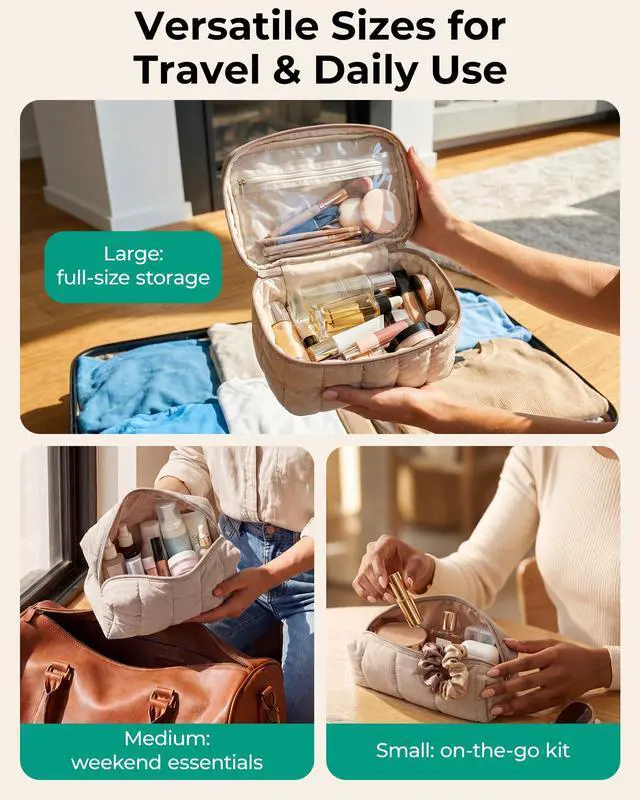 Alt view image 2 of 7 - Travel Makeup Bag for Women, 3 Pcs Puffy Padded Cosmetic Organizer Bag, Large Toiletry Case and Small Purse Pouch for Gym, Work, Girls (Baby Pink)