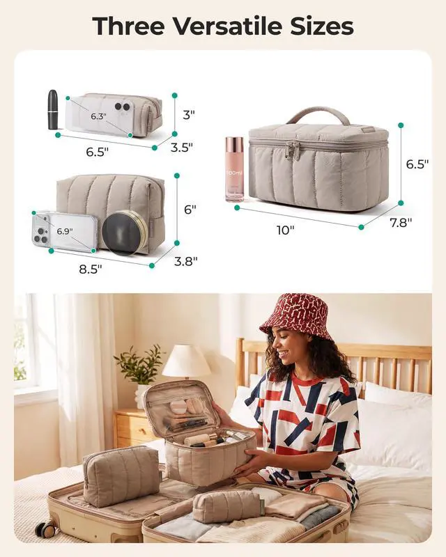 Alt view image 4 of 7 - Travel Makeup Bag for Women, 3 Pcs Puffy Padded Cosmetic Organizer Bag, Large Toiletry Case and Small Purse Pouch for Gym, Work, Girls (Baby Pink)