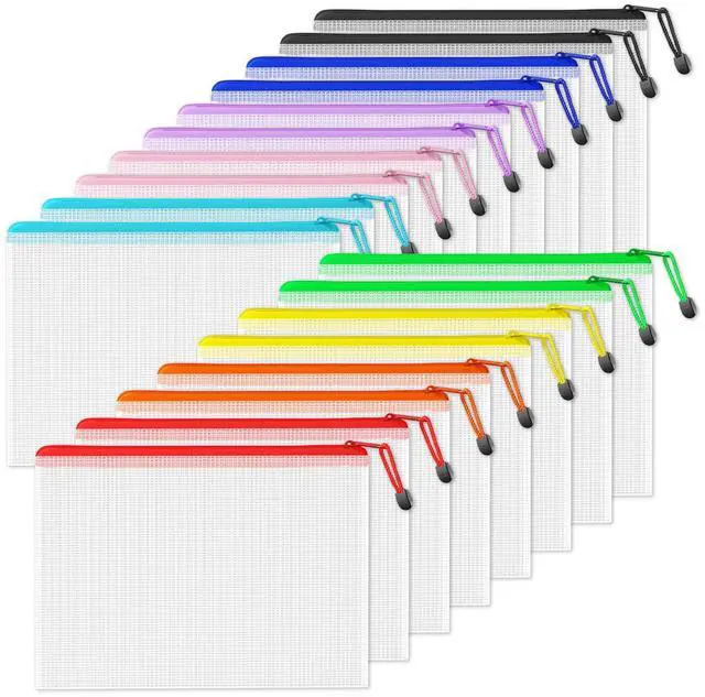 Main image of Plastic Mesh Zipper Pouch 9.2x12.5 in (9 Colors, 18 Packs),Extra Large Water-Resistant Zip Bag for School Office Supplies, Puzzles & Games Organizing Storage