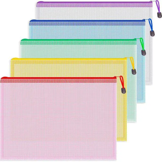 Main image of 5PCS Mesh Zipper Pouch Bags, A4 Zipper File Bags for Organizing Storage, Waterproof Plastic Pencil Pouches, Reusable File Bag for School, Office Classroom Organization Supplies, 5 Colors