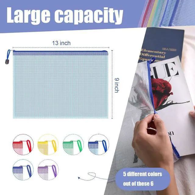 Alt view image 2 of 7 - 5PCS Mesh Zipper Pouch Bags, A4 Zipper File Bags for Organizing Storage, Waterproof Plastic Pencil Pouches, Reusable File Bag for School, Office Classroom Organization Supplies, 5 Colors