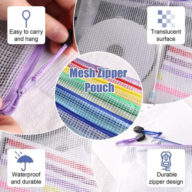 Alt view image 3 of 7 - 5PCS Mesh Zipper Pouch Bags, A4 Zipper File Bags for Organizing Storage, Waterproof Plastic Pencil Pouches, Reusable File Bag for School, Office Classroom Organization Supplies, 5 Colors