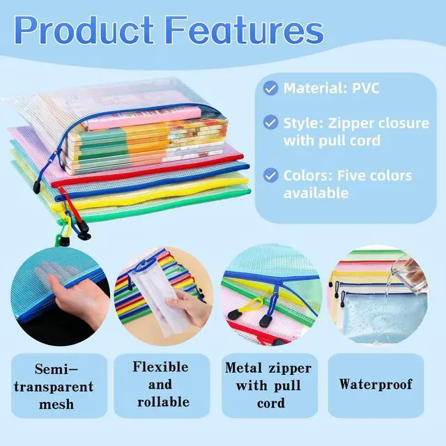 Alt view image 4 of 7 - 10 Pcs 9.4x6.9 inch Mesh Zipper Pouch Bags with Semi-Transparent Mesh Waterproof Zip Files Bags for Stationery Files Toys Makeup Tools Home Office School Travel Organization(A5, Colorful)