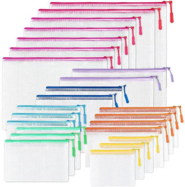 Main image of 24 Pcs Mesh Zipper Pouch Bags, Plastic Zipper Pouches for Classroom in 8 Sizes, Waterproof Mesh Zipper Bags for Organizing, Clear Zipper Pouches for Organizing, Travel, Office Supplies
