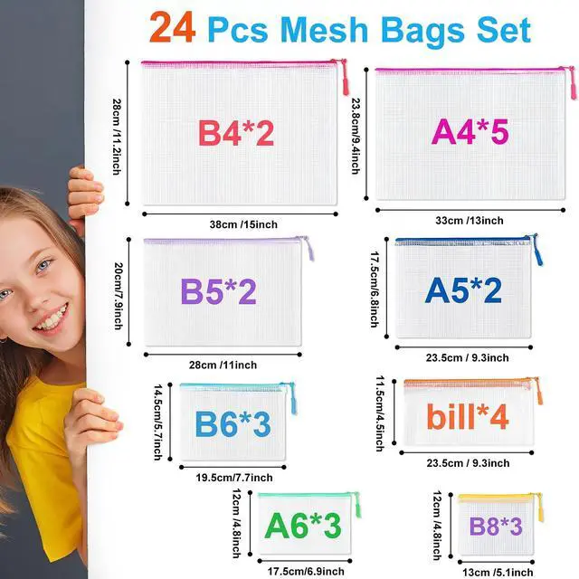 Alt view image 2 of 7 - 24 Pcs Mesh Zipper Pouch Bags, Plastic Zipper Pouches for Classroom in 8 Sizes, Waterproof Mesh Zipper Bags for Organizing, Clear Zipper Pouches for Organizing, Travel, Office Supplies
