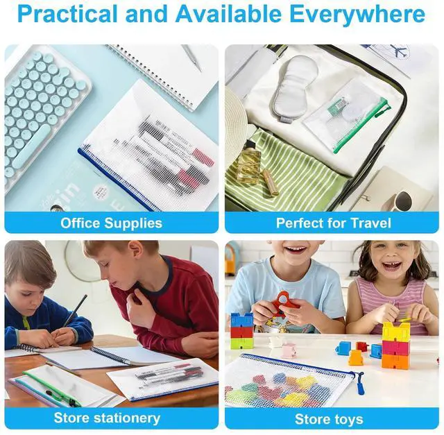 Alt view image 4 of 7 - 24 Pcs Mesh Zipper Pouch Bags, Plastic Zipper Pouches for Classroom in 8 Sizes, Waterproof Mesh Zipper Bags for Organizing, Clear Zipper Pouches for Organizing, Travel, Office Supplies