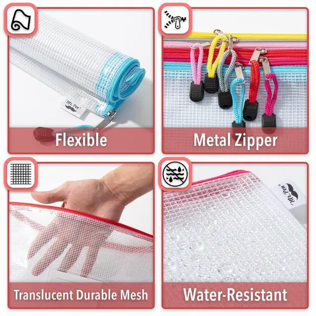 Alt view image 4 of 7 - Plastic Mesh Zipper Pouch with Label Pocket, A4, 6 Pack