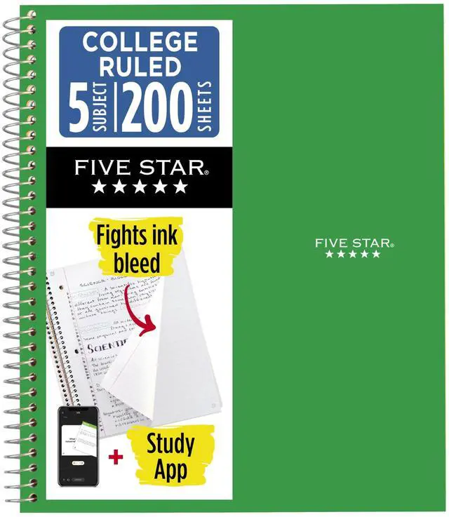 Main image of Spiral Notebook + Study App, 5 Subject, College Ruled Paper, 8.5" x 11", 200 Sheets, Green (Color May Vary) (72079)