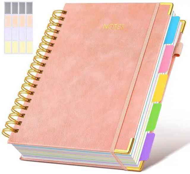 Main image of Hardcover Spiral Notebook Journal with Removable Dividers Tabs, 300 Pages Leather 5 Subject Notebook College Ruled, 8"x10" Large B5 Notebooks for Work School Note taking, Lined Journal for Women, Pink