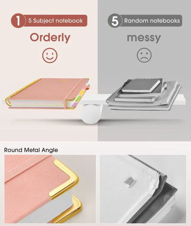 Alt view image 3 of 7 - Hardcover Spiral Notebook Journal with Removable Dividers Tabs, 300 Pages Leather 5 Subject Notebook College Ruled, 8"x10" Large B5 Notebooks for Work School Note taking, Lined Journal for Women, Pink