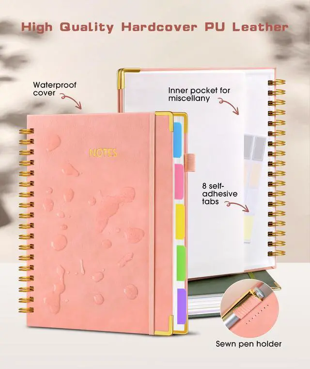 Alt view image 2 of 7 - Hardcover Spiral Notebook Journal with Removable Dividers Tabs, 300 Pages Leather 5 Subject Notebook College Ruled, 8"x10" Large B5 Notebooks for Work School Note taking, Lined Journal for Women, Pink