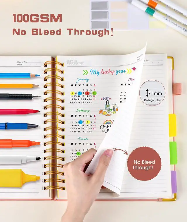 Alt view image 5 of 7 - Hardcover Spiral Notebook Journal with Removable Dividers Tabs, 300 Pages Leather 5 Subject Notebook College Ruled, 8"x10" Large B5 Notebooks for Work School Note taking, Lined Journal for Women, Pink