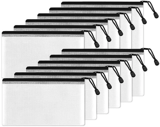 Main image of Plastic Mesh Zipper Pouch 4.6x9.2 in (Black, 12 Packs), Small Water-Resistant Zip Bag for School Office Supplies, Pencil Organizing Storage