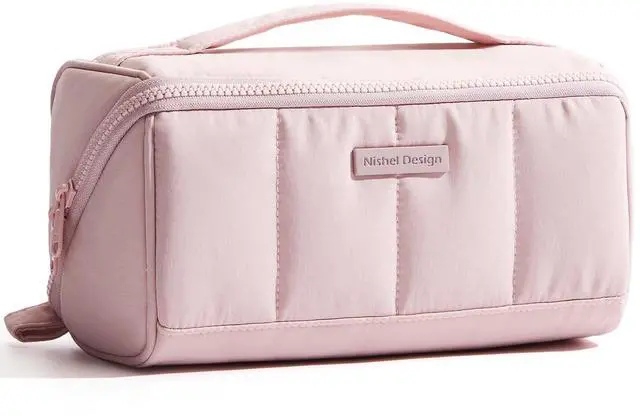Main image of Travel Makeup Bag for Women, Fluffy & Lightweight Open Flat Cosmetic Organizer with Multiple Functional Divider for Brush Independent Storage, Handle for Easy Portability, Pink