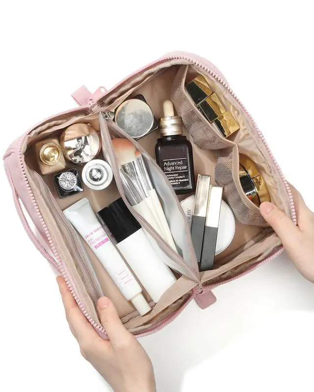 Alt view image 2 of 7 - Travel Makeup Bag for Women, Fluffy & Lightweight Open Flat Cosmetic Organizer with Multiple Functional Divider for Brush Independent Storage, Handle for Easy Portability, Pink