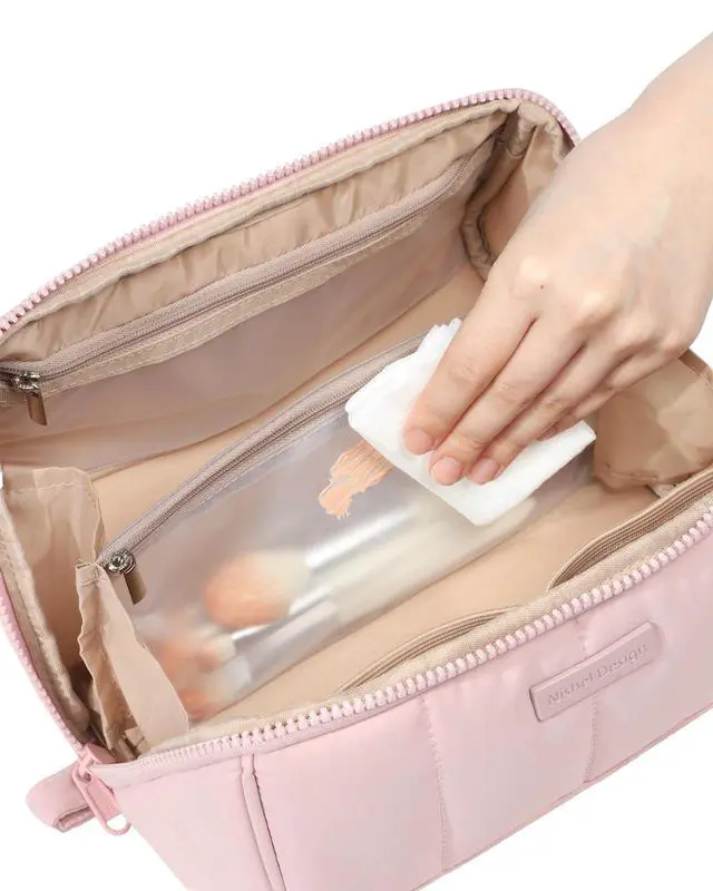 Alt view image 3 of 7 - Travel Makeup Bag for Women, Fluffy & Lightweight Open Flat Cosmetic Organizer with Multiple Functional Divider for Brush Independent Storage, Handle for Easy Portability, Pink