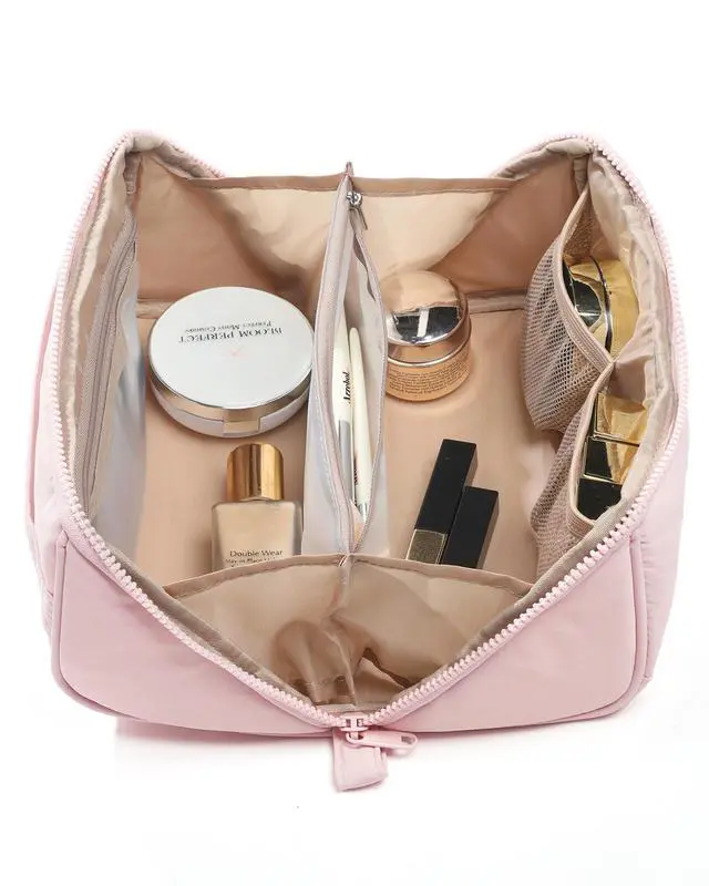 Alt view image 4 of 7 - Travel Makeup Bag for Women, Fluffy & Lightweight Open Flat Cosmetic Organizer with Multiple Functional Divider for Brush Independent Storage, Handle for Easy Portability, Pink