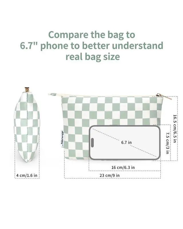 Alt view image 4 of 6 - Small Makeup bag for Purse, Small Makeup Pouch for Purse Cosmetic Bag with Zipper, Cute Make up Pouch for Women Girls (Mint Green Checkerboard)