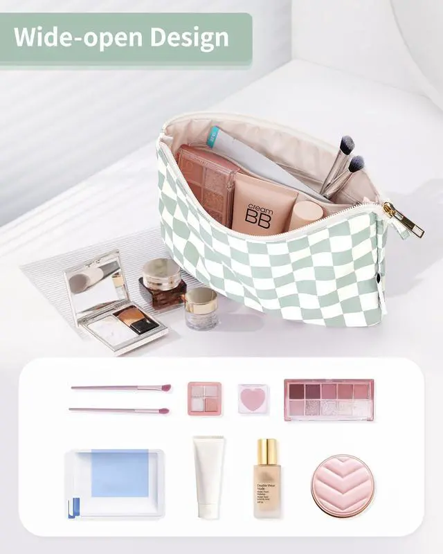 Alt view image 2 of 6 - Small Makeup bag for Purse, Small Makeup Pouch for Purse Cosmetic Bag with Zipper, Cute Make up Pouch for Women Girls (Mint Green Checkerboard)
