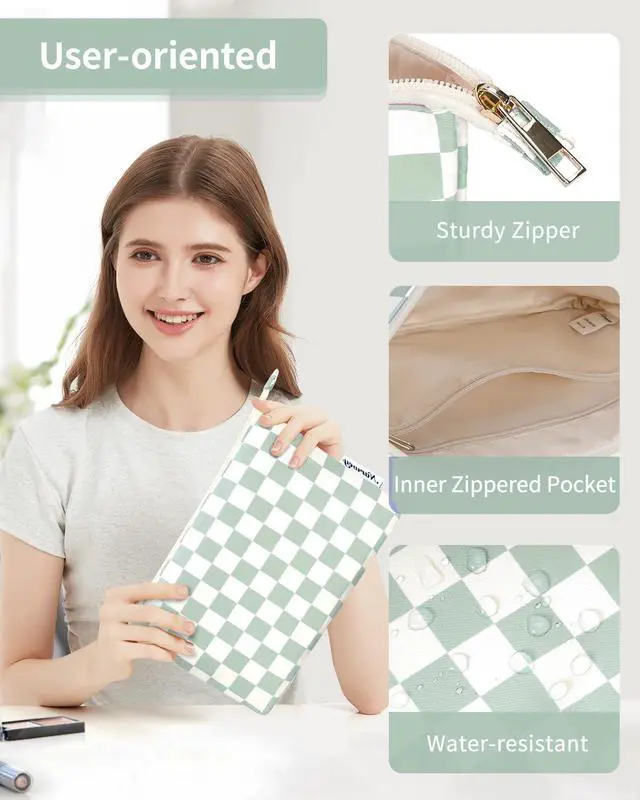 Alt view image 3 of 6 - Small Makeup bag for Purse, Small Makeup Pouch for Purse Cosmetic Bag with Zipper, Cute Make up Pouch for Women Girls (Mint Green Checkerboard)