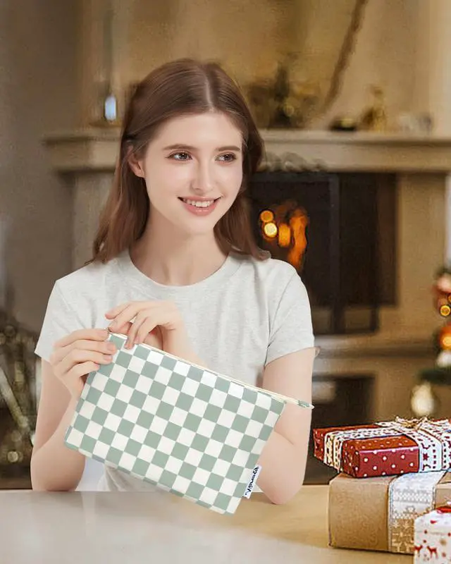 Alt view image 6 of 6 - Small Makeup bag for Purse, Small Makeup Pouch for Purse Cosmetic Bag with Zipper, Cute Make up Pouch for Women Girls (Mint Green Checkerboard)