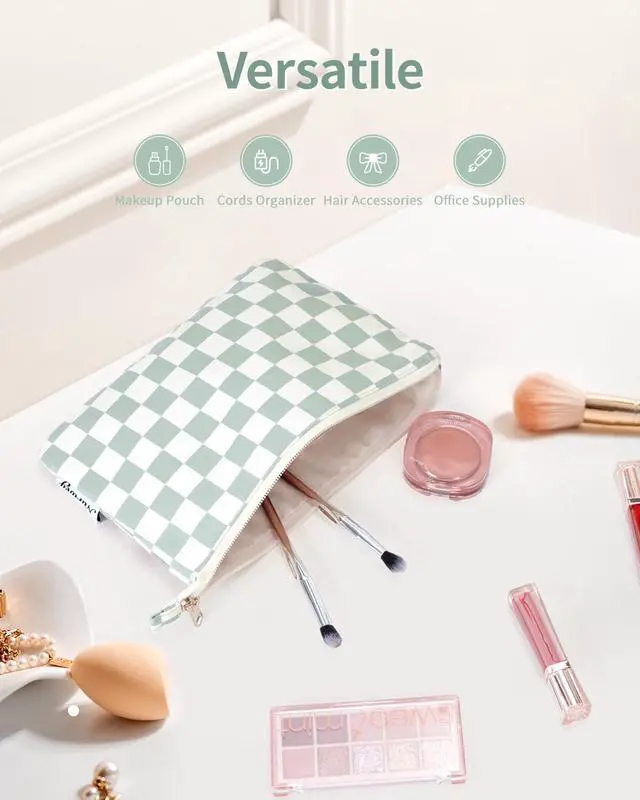 Alt view image 5 of 6 - Small Makeup bag for Purse, Small Makeup Pouch for Purse Cosmetic Bag with Zipper, Cute Make up Pouch for Women Girls (Mint Green Checkerboard)