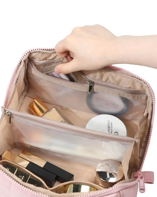Alt view image 6 of 7 - Travel Makeup Bag for Women, Fluffy & Lightweight Open Flat Cosmetic Organizer with Multiple Functional Divider for Brush Independent Storage, Handle for Easy Portability, Pink