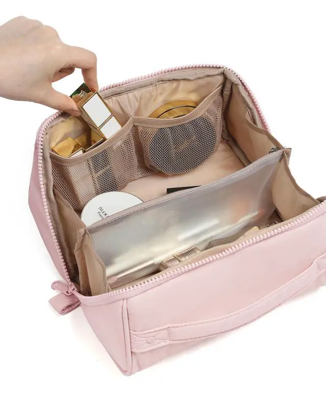 Alt view image 7 of 7 - Travel Makeup Bag for Women, Fluffy & Lightweight Open Flat Cosmetic Organizer with Multiple Functional Divider for Brush Independent Storage, Handle for Easy Portability, Pink