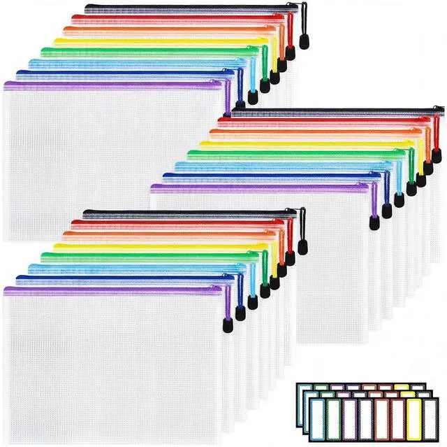 Main image of 24pcs A4 Zipper Pouch Bags, Mesh Pouch Bags with Labels for Board Games & Puzzles Supplies, Waterproof Document Zipper Cases for School Toys Office Cosmetics Travel Storage,8 Colors
