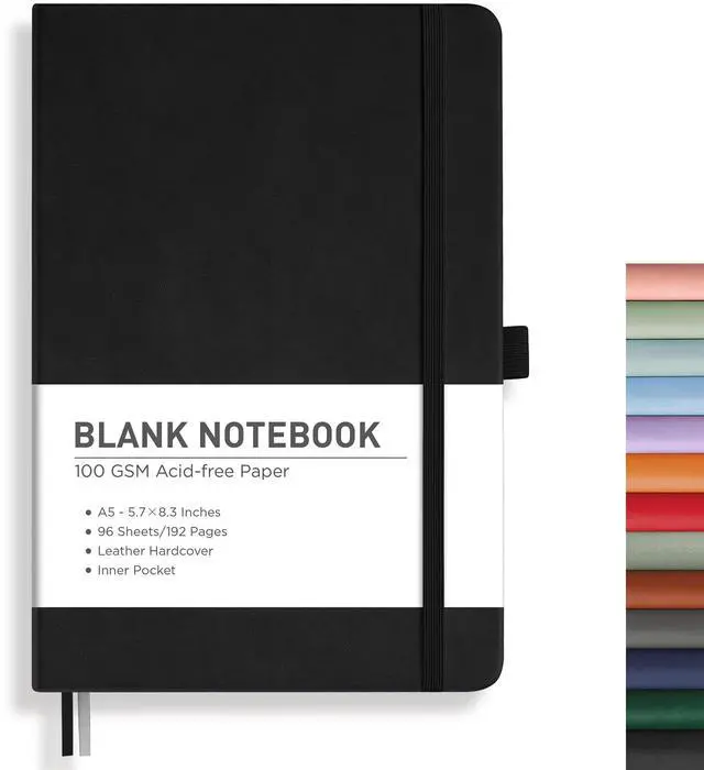 Main image of Blank Journal Notebook, 192 Pages, A5 Medium Size (5.7'' x 8.3''), Leather Hardcover, 100 GSM Thick Paper, for Sketching, Drawing, Painting (Black)