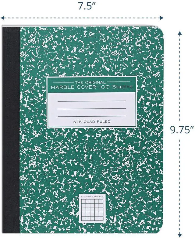 Alt view image 3 of 6 - Hard Cover Composition Notebook, Green Marble Comp Book, 9.75 x 7.5, 5x5 Grid Graph Ruled, 100 Sheets (200 Pages)
