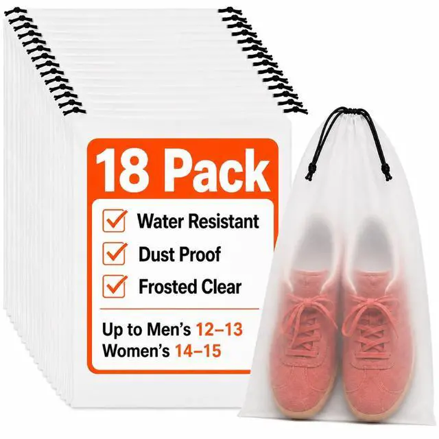 Main image of 18 Pack Clear Shoe Bags for Travel Essentials, 15.7"×11.8" PEVA Drawstring, Water-Resistant, Fits up to Mens 1213, Reusable Storage for Clothes & Toiletries, Keep Luggage Tidy & Odor-Free