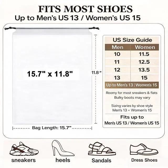 Alt view image 2 of 7 - 18 Pack Clear Shoe Bags for Travel Essentials, 15.7"×11.8" PEVA Drawstring, Water-Resistant, Fits up to Mens 1213, Reusable Storage for Clothes & Toiletries, Keep Luggage Tidy & Odor-Free