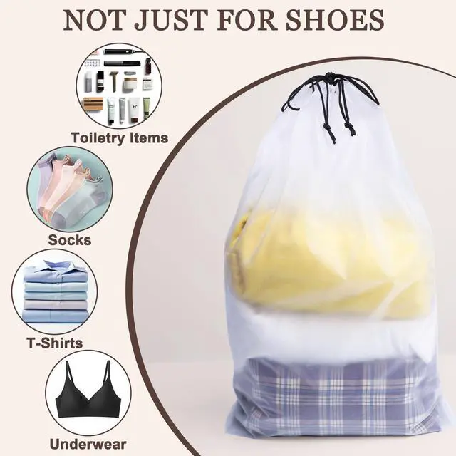 Alt view image 5 of 7 - 18 Pack Clear Shoe Bags for Travel Essentials, 15.7"×11.8" PEVA Drawstring, Water-Resistant, Fits up to Mens 1213, Reusable Storage for Clothes & Toiletries, Keep Luggage Tidy & Odor-Free