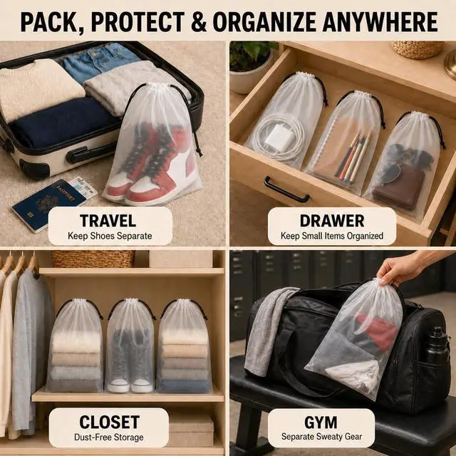 Alt view image 7 of 7 - 18 Pack Clear Shoe Bags for Travel Essentials, 15.7"×11.8" PEVA Drawstring, Water-Resistant, Fits up to Mens 1213, Reusable Storage for Clothes & Toiletries, Keep Luggage Tidy & Odor-Free