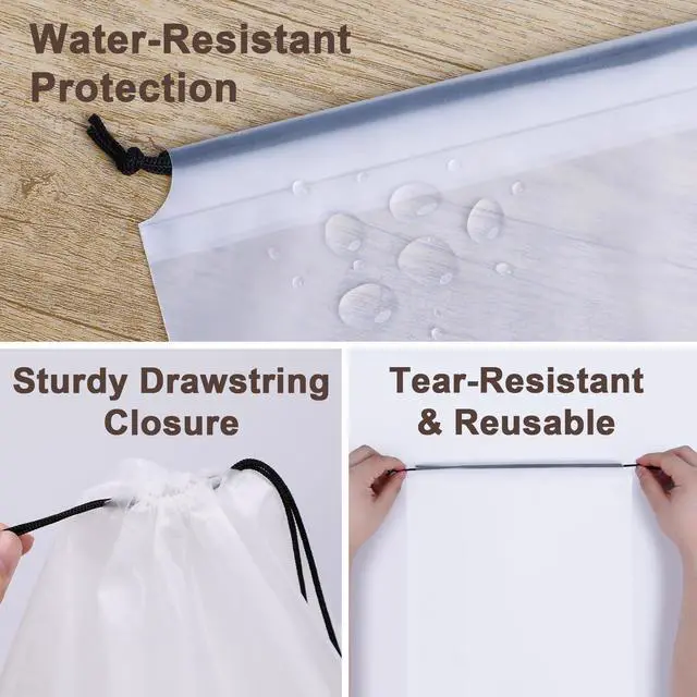Alt view image 6 of 7 - 18 Pack Clear Shoe Bags for Travel Essentials, 15.7"×11.8" PEVA Drawstring, Water-Resistant, Fits up to Mens 1213, Reusable Storage for Clothes & Toiletries, Keep Luggage Tidy & Odor-Free