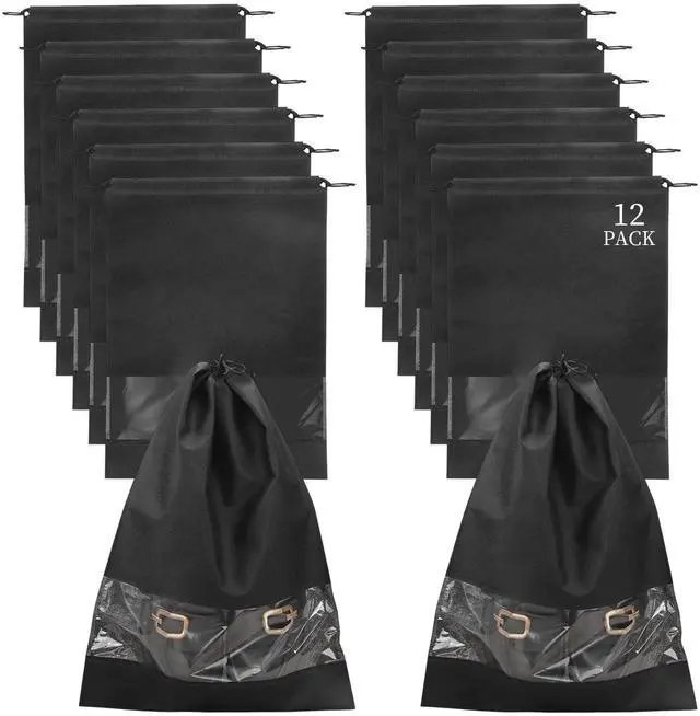 Main image of 12 Pcs Portable Travel Shoe Bags, 17.3 x 12.6 Inches Waterproof Non-Woven Shoe Organizers Storage Bags, Large Drawstring Shoes Pouch Packing Organizers with Rope for Men, Women, Children (Black)