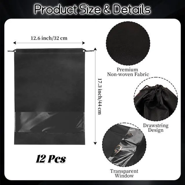 Alt view image 2 of 7 - 12 Pcs Portable Travel Shoe Bags, 17.3 x 12.6 Inches Waterproof Non-Woven Shoe Organizers Storage Bags, Large Drawstring Shoes Pouch Packing Organizers with Rope for Men, Women, Children (Black)