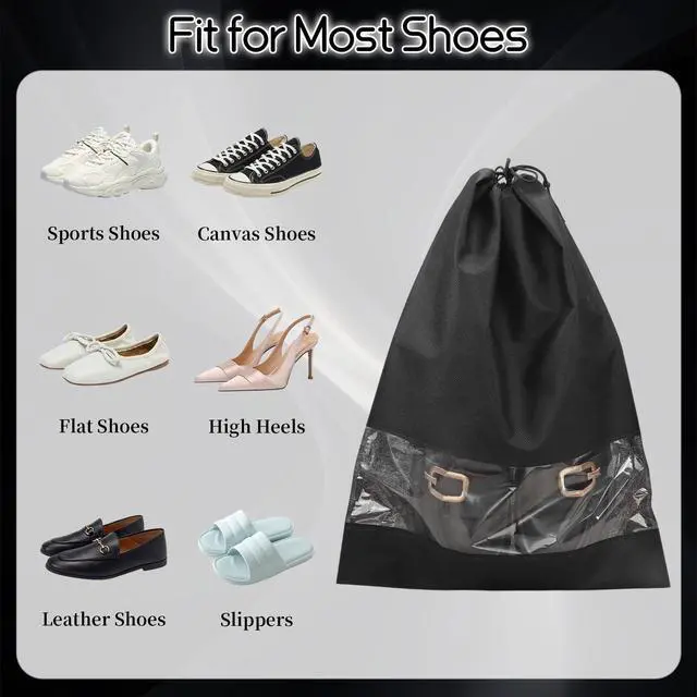 Alt view image 3 of 7 - 12 Pcs Portable Travel Shoe Bags, 17.3 x 12.6 Inches Waterproof Non-Woven Shoe Organizers Storage Bags, Large Drawstring Shoes Pouch Packing Organizers with Rope for Men, Women, Children (Black)