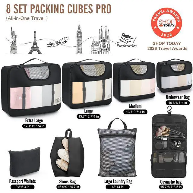 Alt view image 2 of 7 - 10 Set/8 Set Packing Cubes for Travel Essentials,Anti-Wrinkle Buckled Suitcase Organizer for Shoe & Toiletry Bag,Carry On Luggage Bag for Airplane & College Dorm Room Accessories,Women Men Gifts