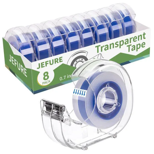Main image of 8 Pcs Transparent Tape with Dispenser, 0.7 x 1000 in Blue Core Clear Tape Rolls Bulk, Office Tape Refills for Desk, Craft, and Gift Wrapping