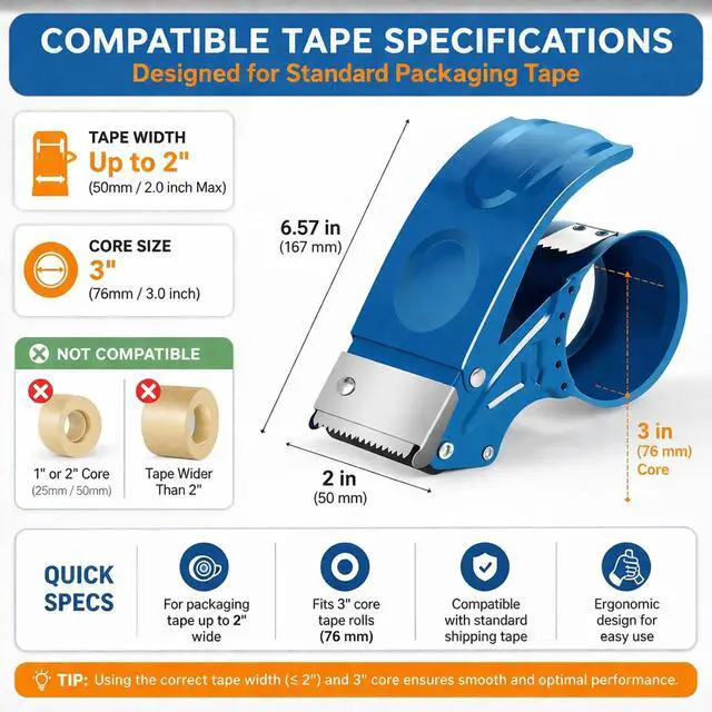 Alt view image 2 of 7 - 2 Pack Heavy Duty Packing Tape Dispenser Gun, Fits Packaging Tape up to 2 Inches Wide with 3-Inch Core, Adjustable Brake Tape Gun for Shipping, Moving, Office & Warehouse