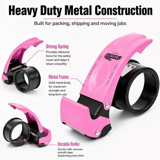 Alt view image 4 of 7 - Blade Safety Cover 2 Inch Professional Packing Tape Dispenser Packaging Metal Handheld Tape Gun Sealing Cutter TG11 Pink