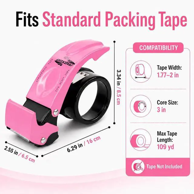 Alt view image 7 of 7 - Blade Safety Cover 2 Inch Professional Packing Tape Dispenser Packaging Metal Handheld Tape Gun Sealing Cutter TG11 Pink